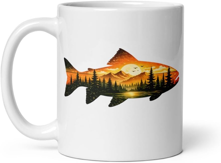 Nature Wildlife Fisherman Design White Glossy Mug, Trout Ceramic Mug