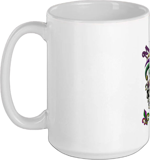 Mardi Gras Squad Three Horror Skulls Jester Hat Beads Parade Mug