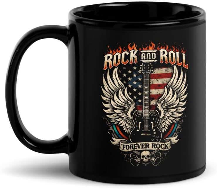 Guitar Vintage Rock Music Black Glossy Mug, Rock And Roll Ceramic Mug