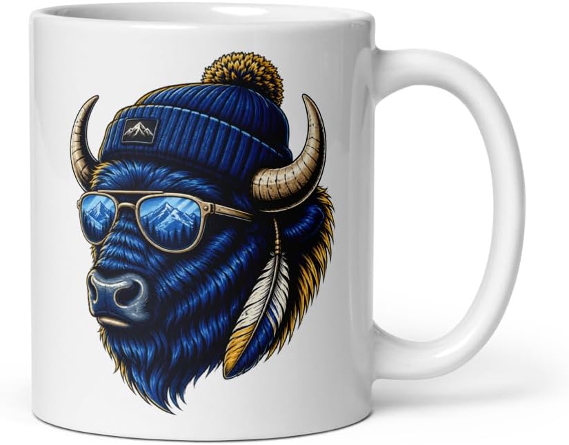 Cool Buffalo Wearing A Beanie And Sunglasses White Glossy Ceramic Mug