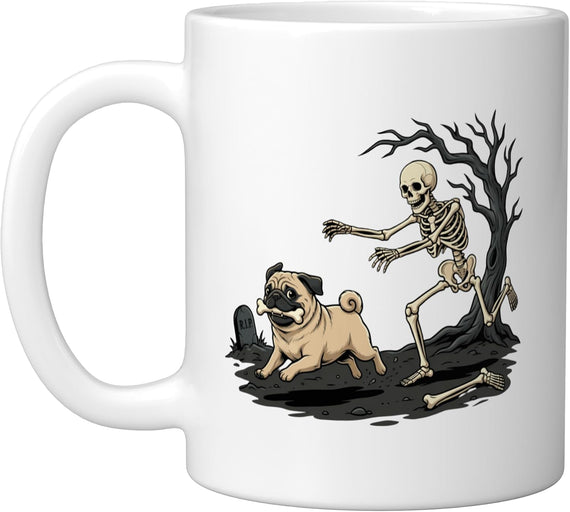 Skeleton Chases Pug With Bone Graveyard Halloween Ceramic Mug