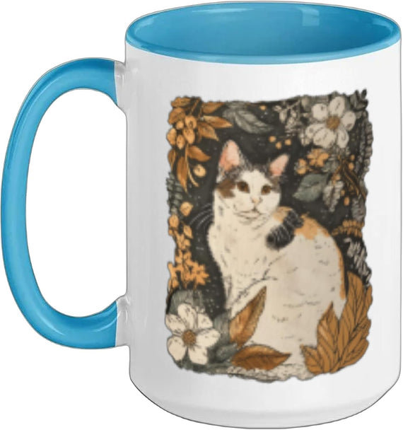 White Calico Cat Cottagecore Aesthetic Nature Whimsical Ceramic Mug