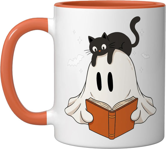 Ghost Reading Book Cat Halloween Lover Boo Ceramic Mug