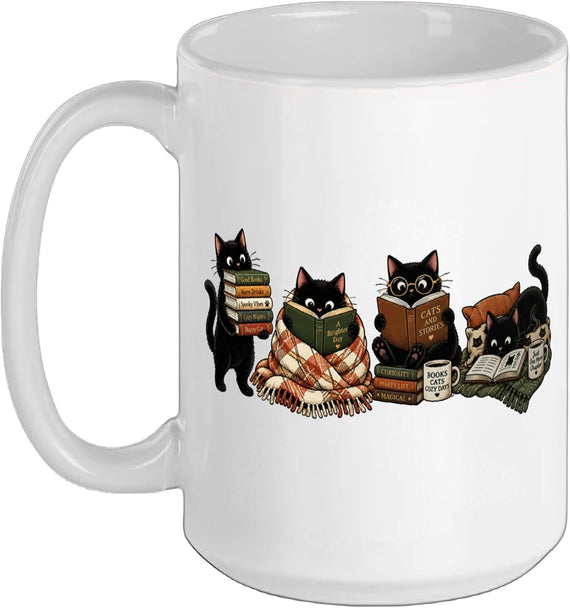 Black Cat Reading Book Lover Cat Cozy Reader Bookish Ceramic Mug
