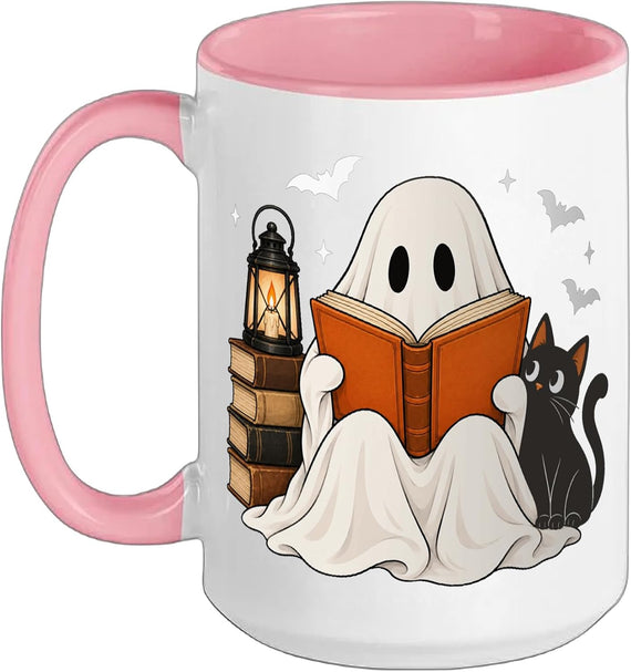 Ghost Reading Book Cat Halloween Lover Boo Ceramic Mug