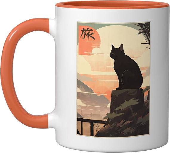 Vintage Japanese Scenery Kanji Writing Journey Black Cat Ceramic Mug