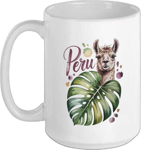 Peru Fun Llama Tropical Monstera Leaf Travel Ceramic Mug