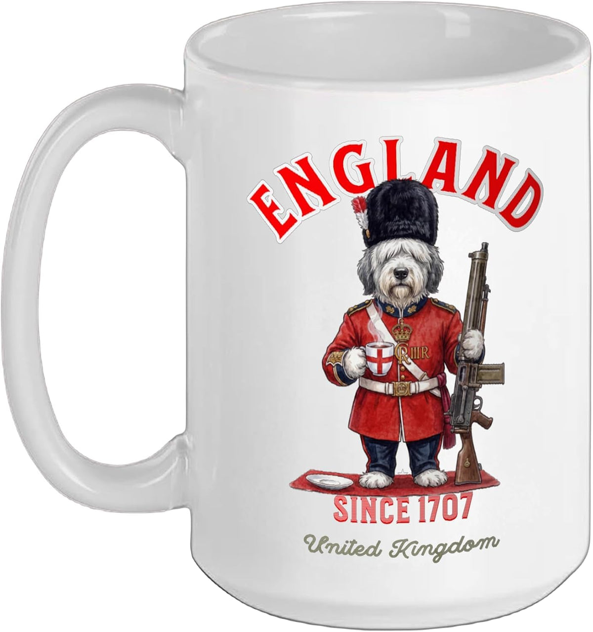Cute Funny Bobtail Dog London King's Guard England Flag Ceramic Mug