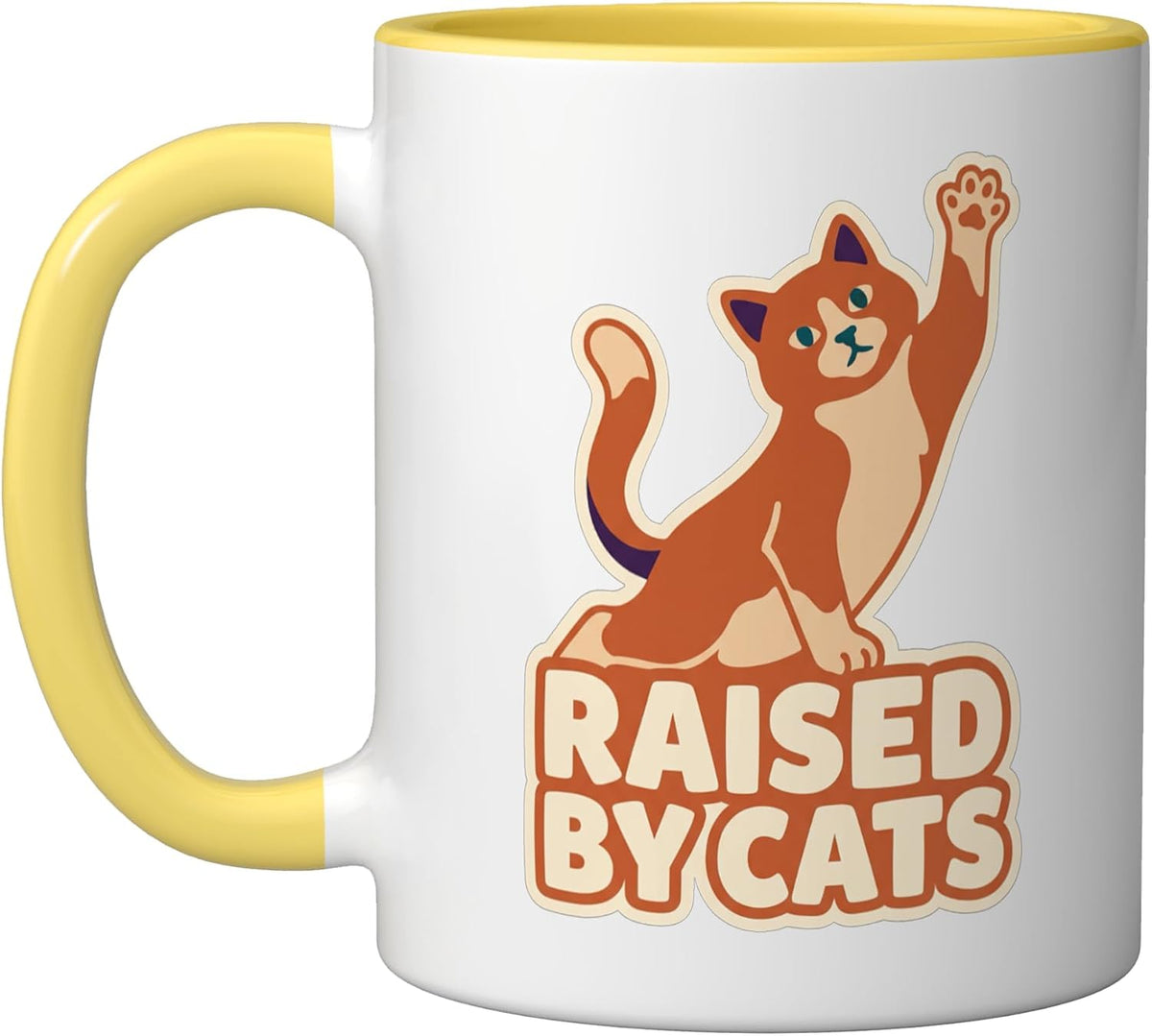 Raised By Cats High Five Paw Ginger Cat Cartoon Design Ceramic Mug