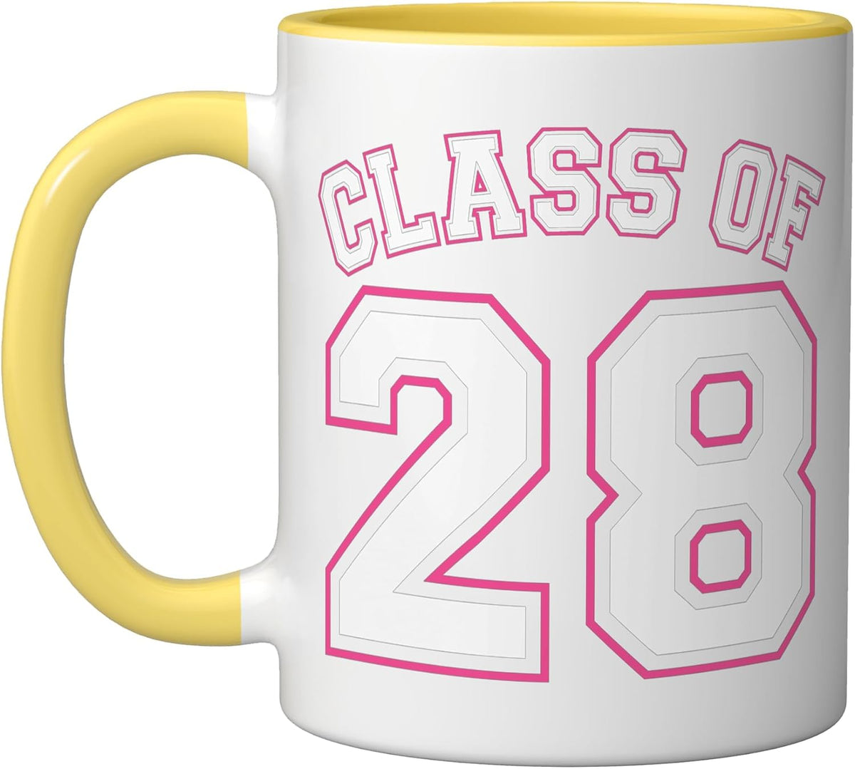 Class Of 28 Grad 2028 Arched Varsity White With Pink Ceramic Mug