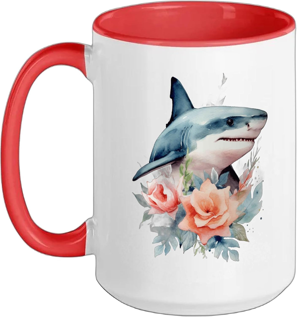 Watercolor Shark And Roses Floral Ocean Art Design Ceramic Mug