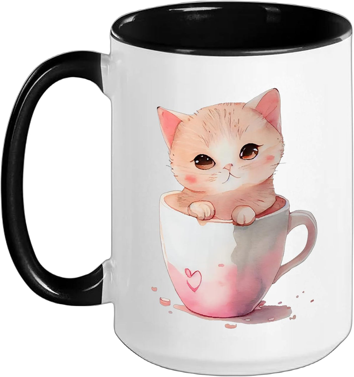 Adorable Kawaii Kitten In Teacup Watercolor Cat Lover Ceramic Mug