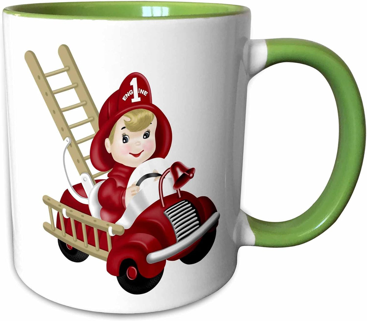 Cute Firetruck With Little Boy Fireman Art Ceramic Mug