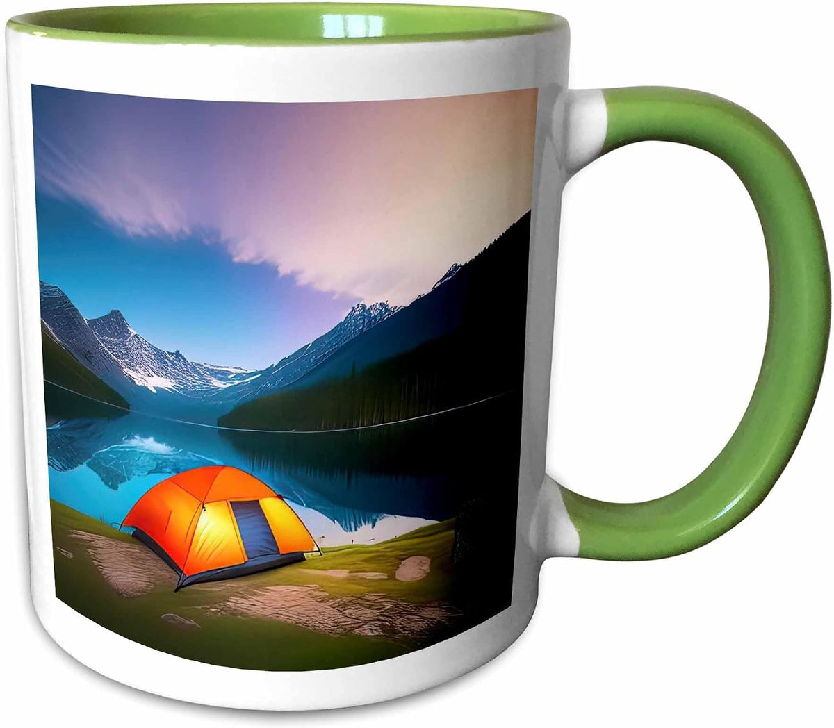 Orange Tent By Mountain Lake Early Ceramic Mug