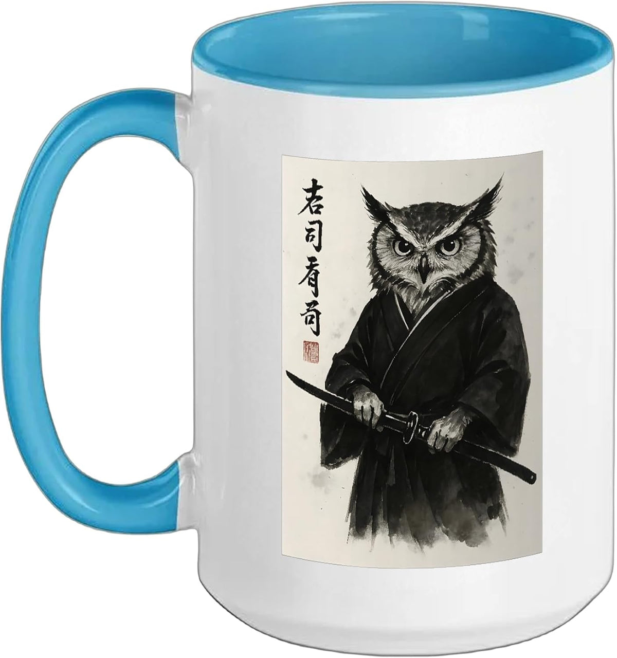 Japanese Ink Wash Owl Samurai Warrior Ceramic Mug