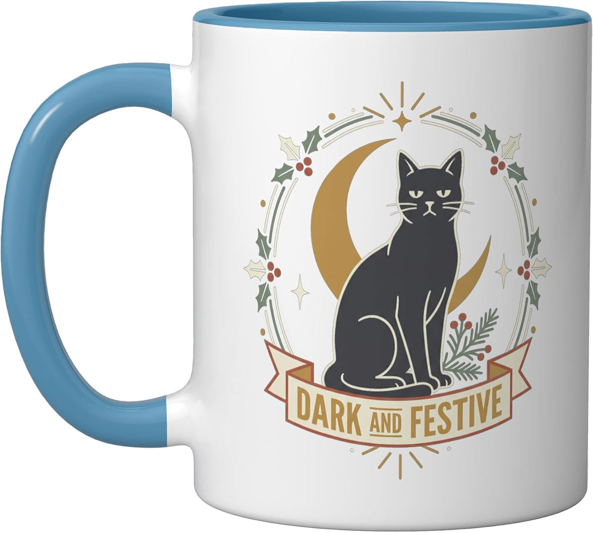 Black Cat Crescent Moon Yule Cat Witchy Gothic Festive Badge Mug