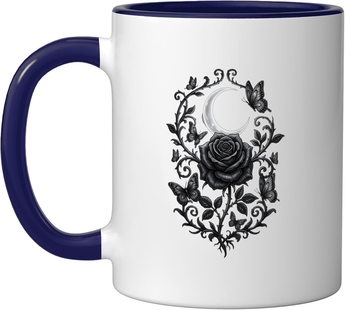 Black Rose Crescent Moon And Butterflies Ceramic Mug