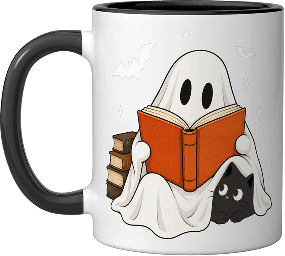 Ghost Reading Book Cat Halloween Lover Boo Ceramic Mug