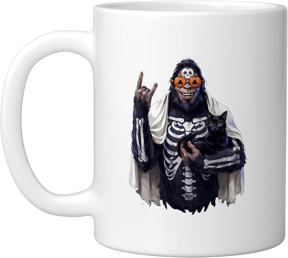 Halloween Skeleton Bigfoot Holding Cat Spooky Season Ceramic Mug