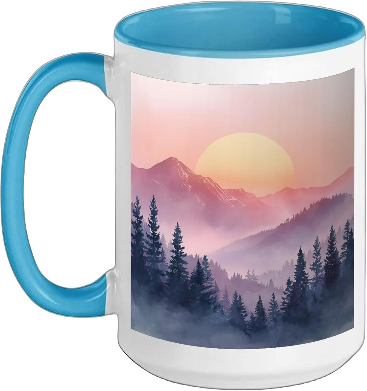 Mountain Forest Sunrise Watercolor Nature Landscape Art Ceramic Mug