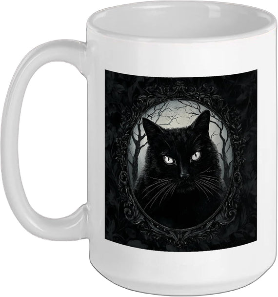 Gothic Black Cat Ornate Frame Eerie Pet Art Halloween Ceramic Mug