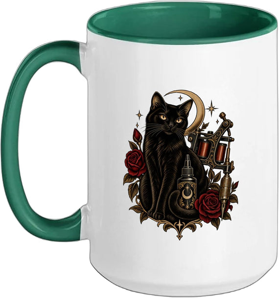 Black Cat Moon Roses Tattoo Ink Mug