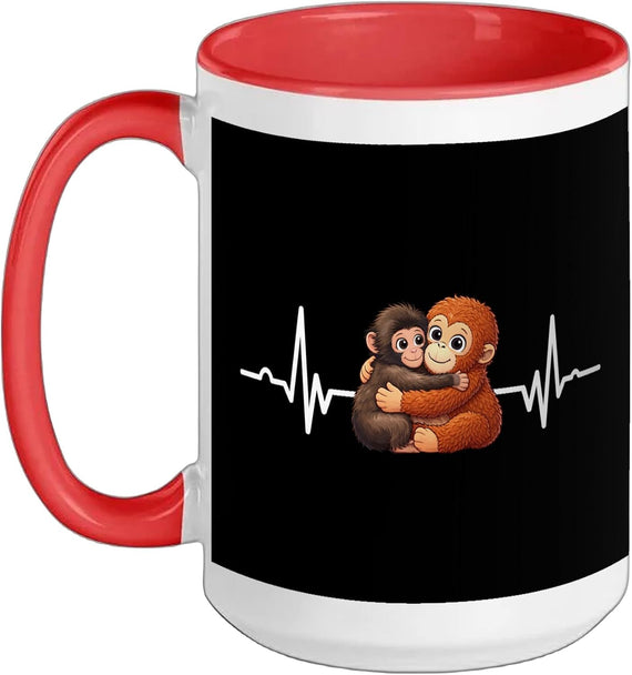 Cute Baby Monkey Punch Hugging Heartbeat Love Ekg Line Ceramic Mug