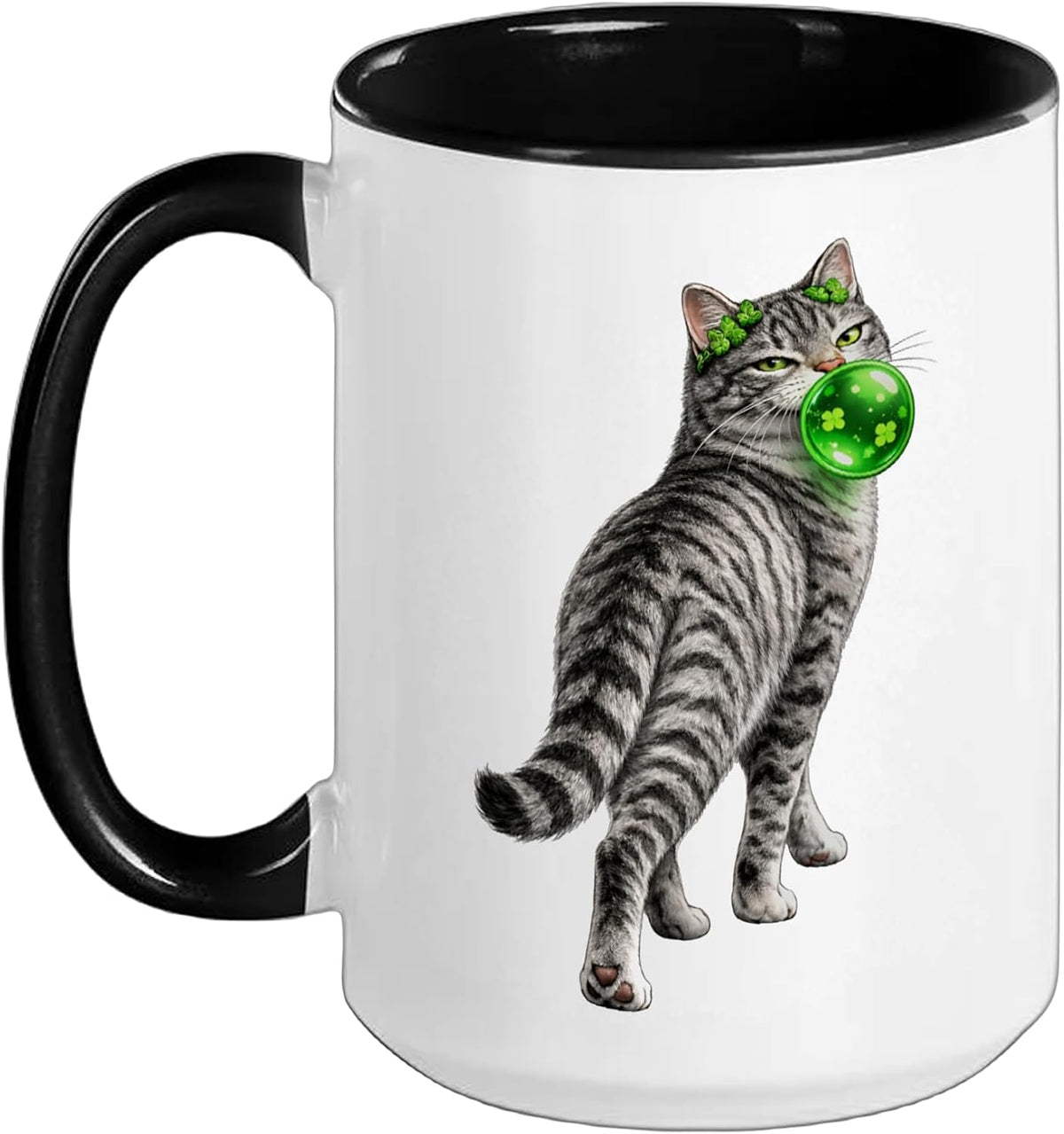 St. Patrick's Day Gray Tabby Cat Blowing Green Bubble Gum Ceramic Mug