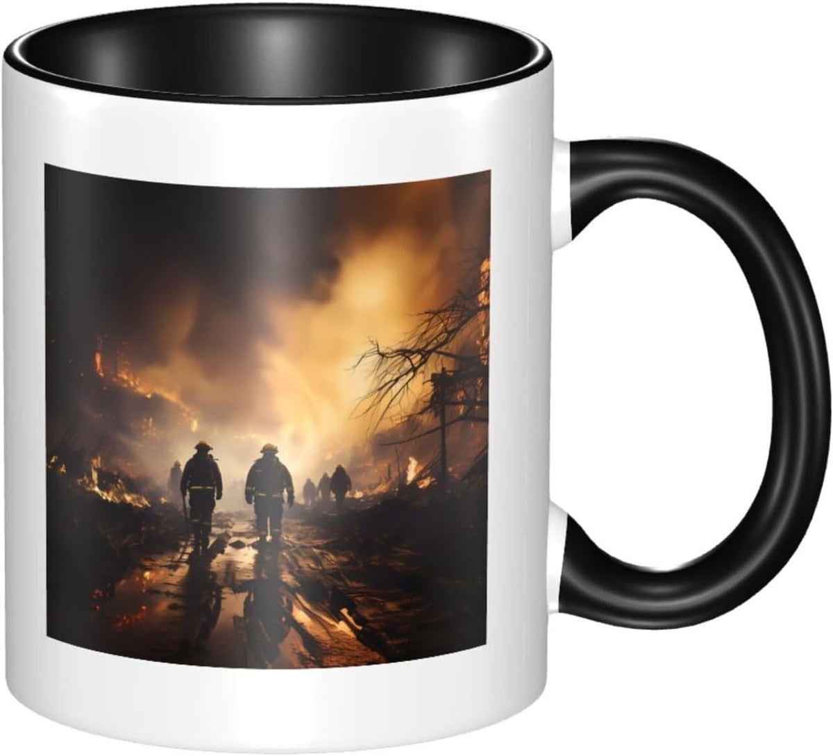 Large Handle Two-Tone Ceramic, Firefighters Fighting Fires Ceramic Mug
