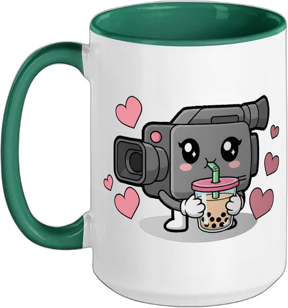 Kawaii Video Camera Drinking Boba Tea Hearts Cute Graphic Ceramic Mug