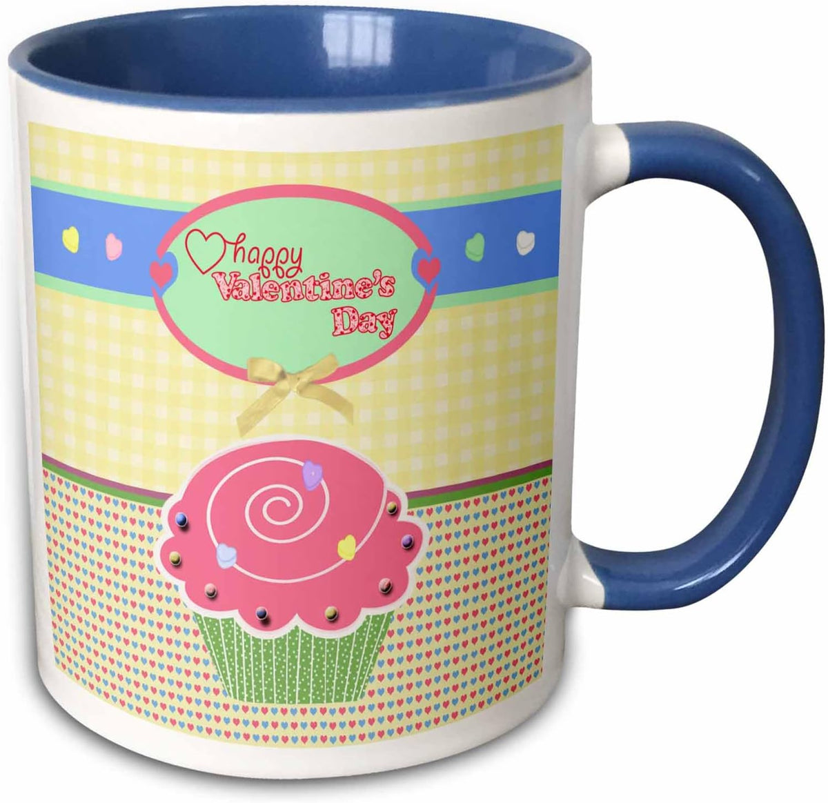Valentine Pink Cupcake With Candies On Yellow Gingham And Ceramic Mug