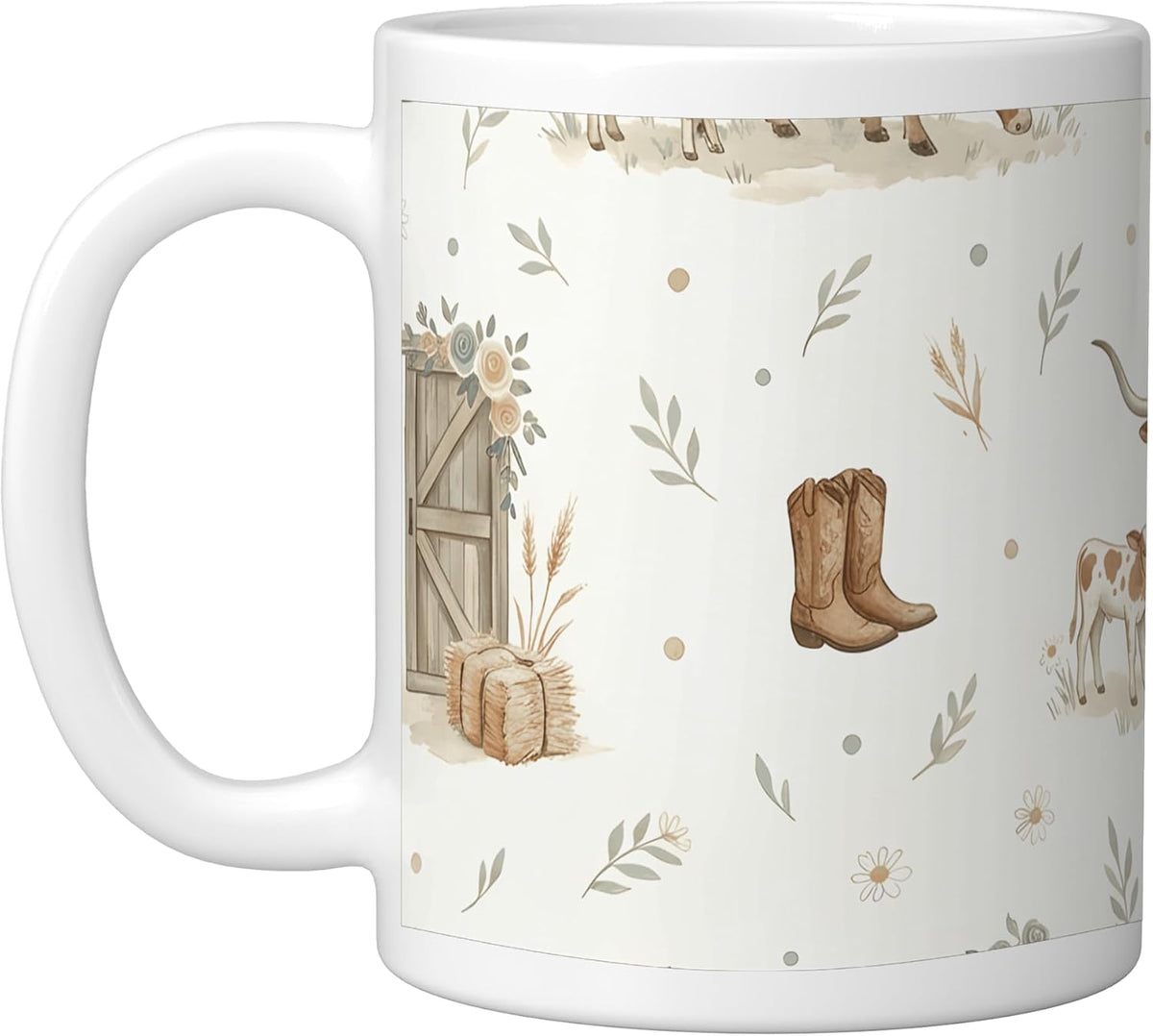 Longhorn Cow Calf Boots Ranch Gate Farmhouse Hay Bales Ceramic Mug