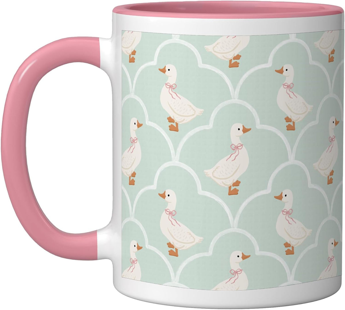 Country Goose With Pink Bow Pattern On Light Green Ceramic Mug