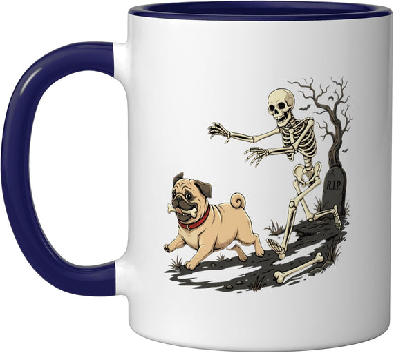 Skeleton Chasing Pug With Bone RIP Tombstone Halloween Ceramic Mug