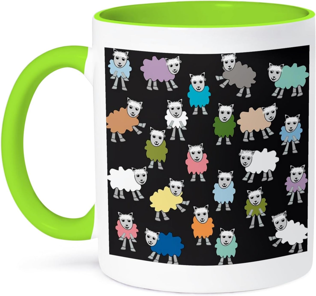 Image Of Cartoon Colored Sheep On Black Ceramic Mug