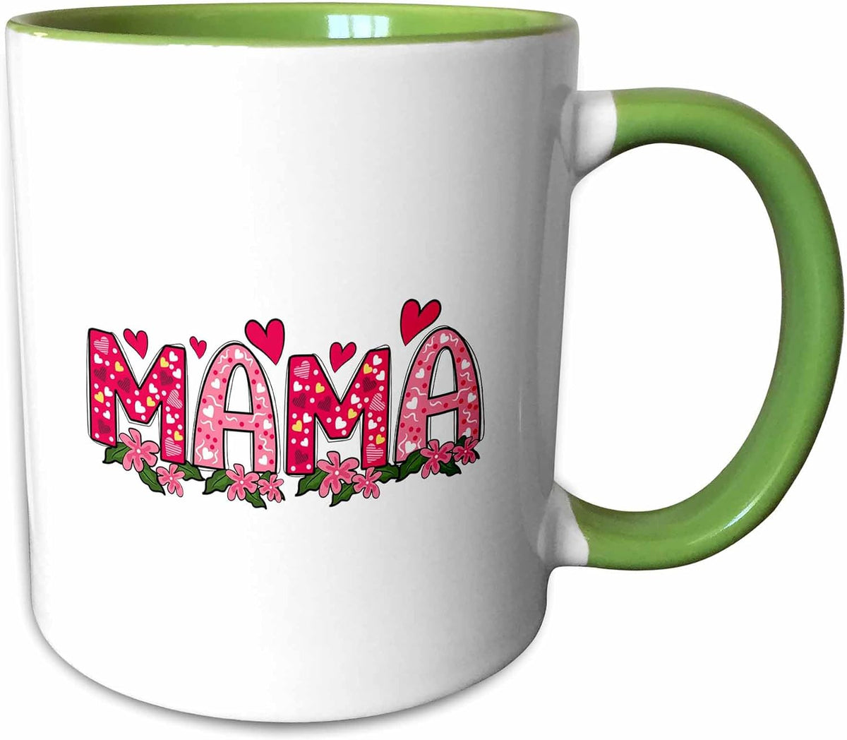 Pink Word Mama, Red Hearts, Flowers. Mothers Ceramic Mug