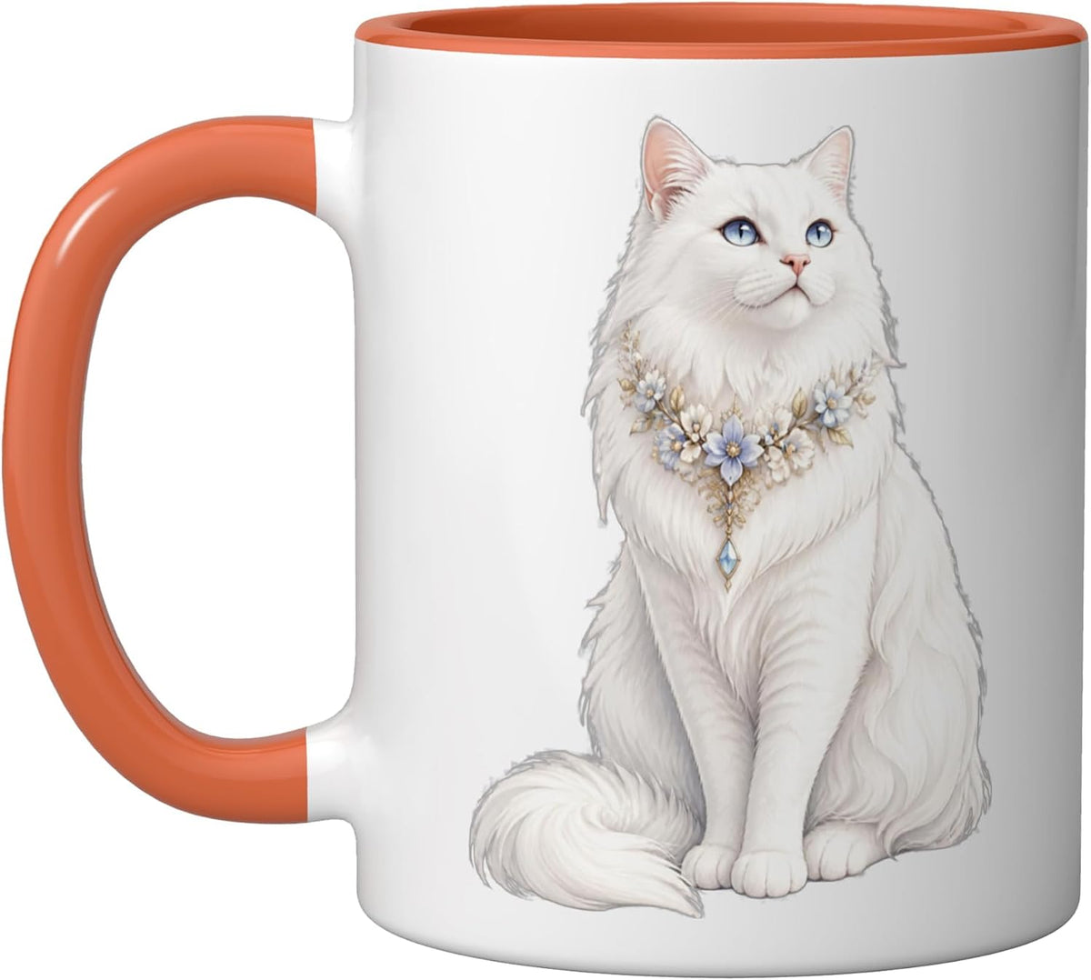 Elegant White Fluffy Cat Floral Jeweled Necklace Ceramic Mug