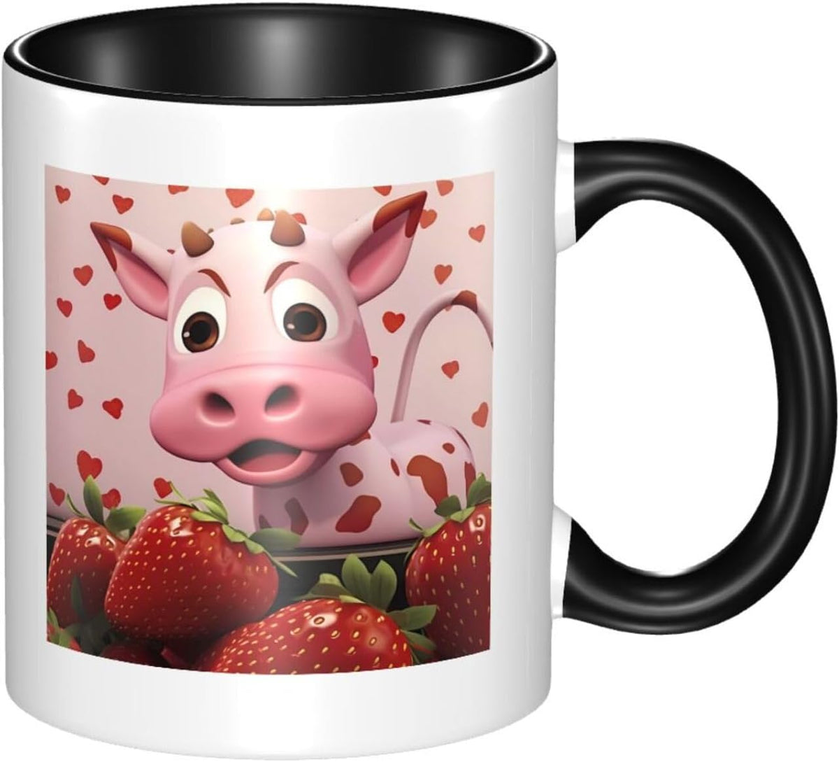 Large Handle Two-Tone Ceramic, Pink Cow With Strawberries Ceramic Mug
