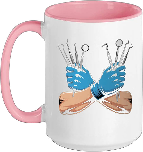 Crossed Gloved Hands Dental Tools Ceramic Mug