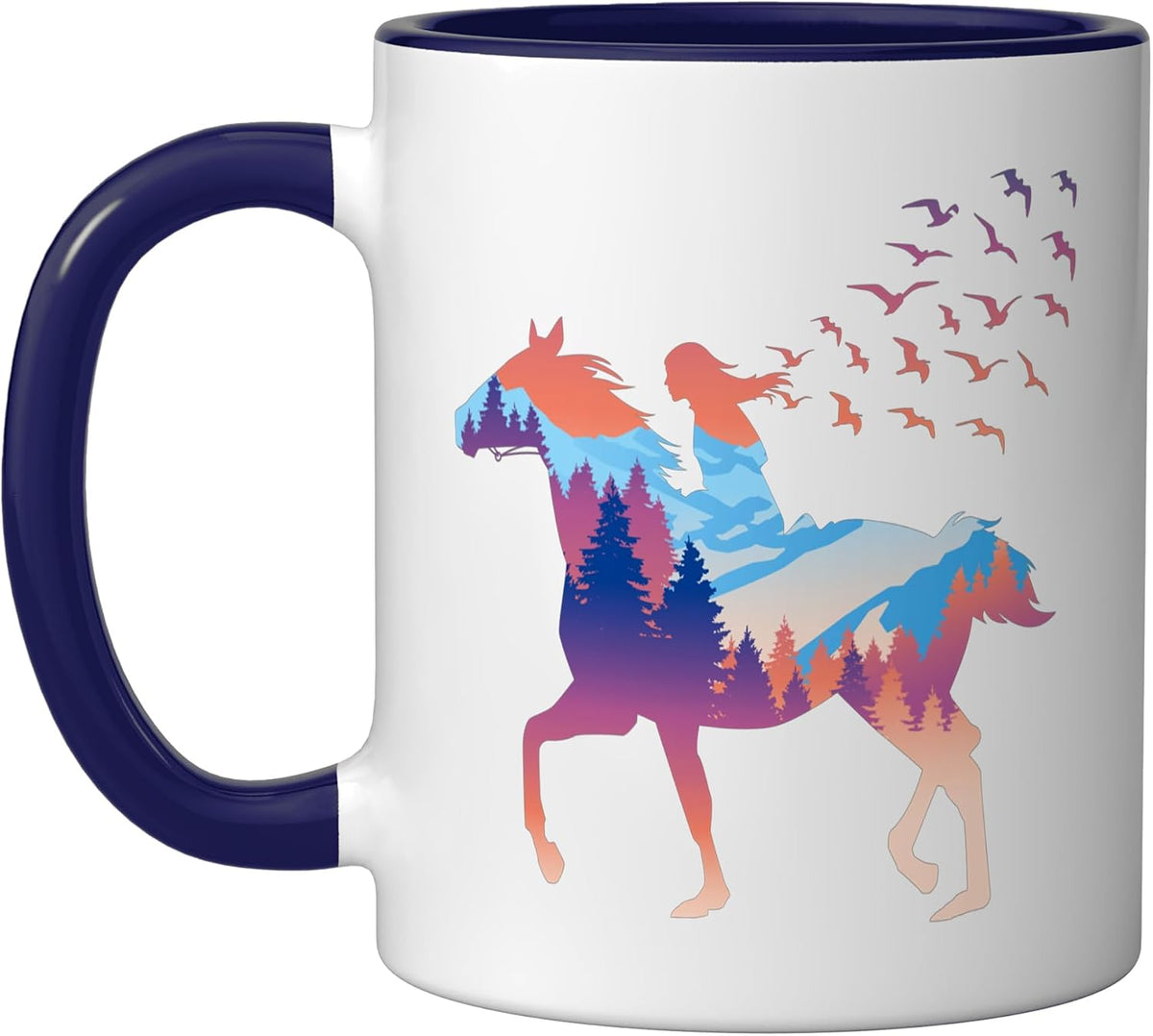 Double Exposure Girl Riding Horse With Birds And Nature Ceramic Mug