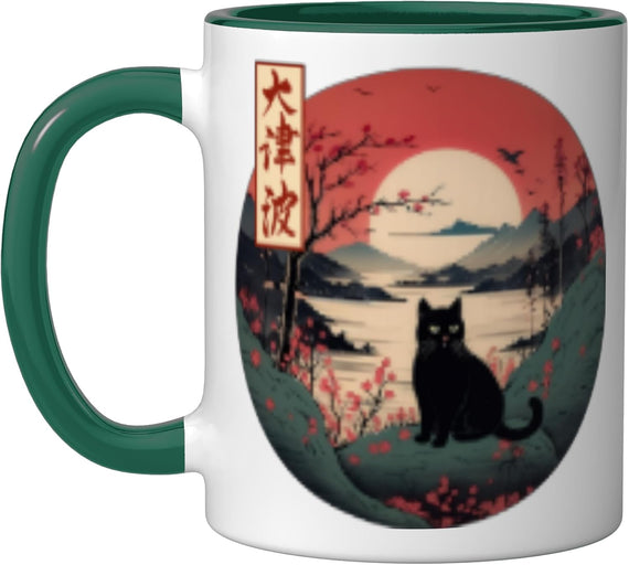 Japanese Red Sunset Black Cat Kanji Japan Art Ceramic Mug