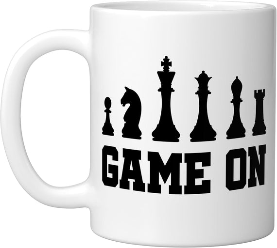 Chess Themed, With Chess Pieces, Game On, White Ceramic Mug