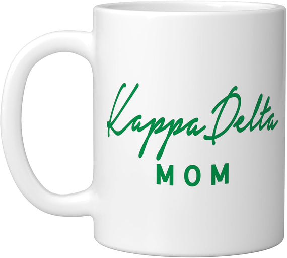 Kappa Delta Officially Licensed Cursive Mom - Green, White Ceramic Mug