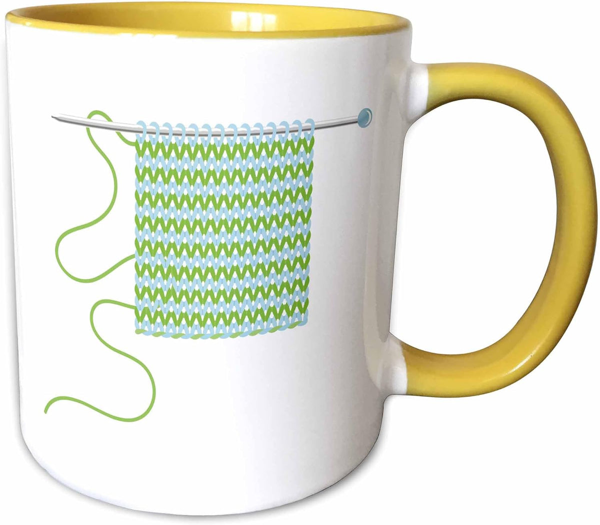 Knitting Needle With Knitted Square In Blue Ceramic Mug