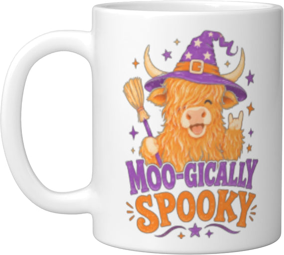 Highland Cow Moo Gically Spooky Witch Halloween Design Ceramic Mug