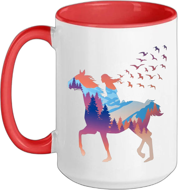 Double Exposure Girl Riding Horse With Birds And Nature Ceramic Mug