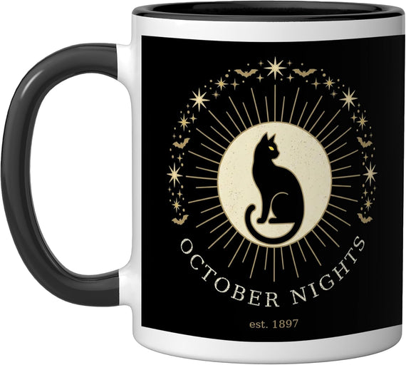 Halloween October Nights Black Cat Moon Art Ceramic Mug