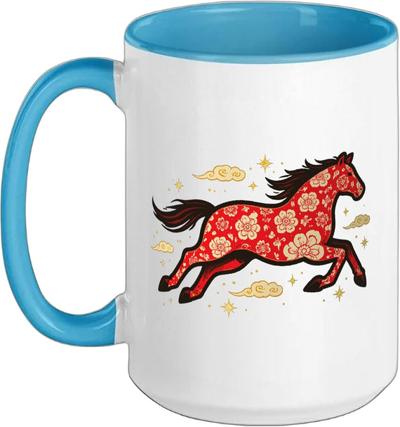 Red Floral Horse Running Asian Art Style Ceramic Mug