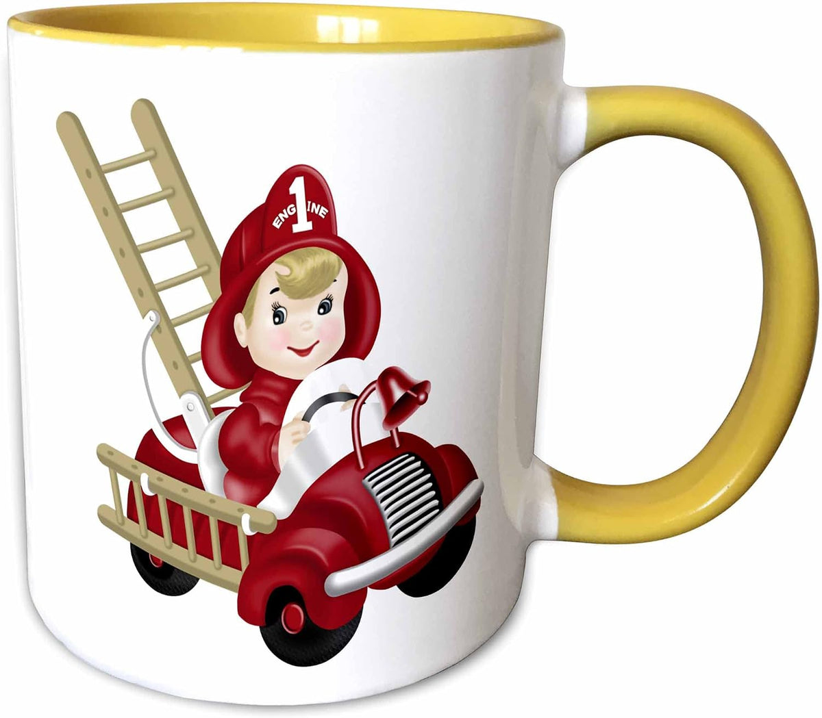 Cute Firetruck With Little Boy Fireman Art Ceramic Mug