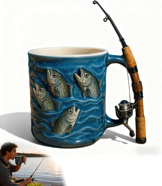 Fishing Mug, Funny Fishing Rod & Reel Design, Resin Water Ceramic Mug